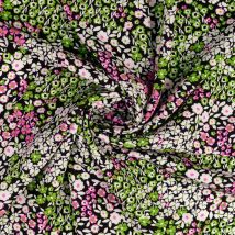 Tissu popeline viscose imprimé fleurs prairie rose et vert