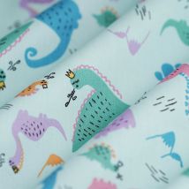 Tissu popeline coton dino couronne pastel - Mondial Tissus