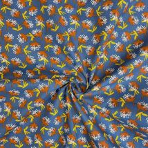 Tissu cretonne coton bleu motif fleurettes rouille