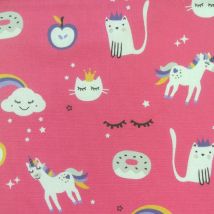 Maille Jersey motif licornes et chats fuchsia - DOMOTEX - Mondial Tissus