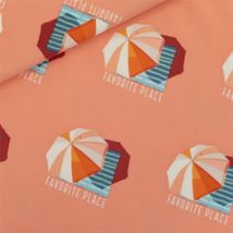 Tissu French Terry sweat rose papaye motifs parasols - See You At Six - See You at Six - Mondial Tissus