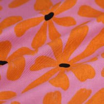 Tissu twill rayonne fleurs hippie rose orange - Mondial Tissus
