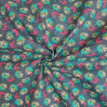 Tissu cretonne coton vert foncé motif fleurettes turquoise rose