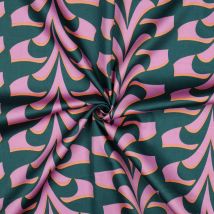 Tissu satin coton palme stylisé parme vert - Mondial Tissus