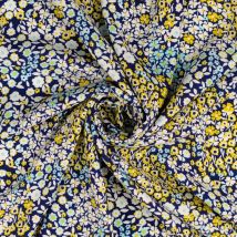 Tissu popeline viscose imprimé fleurs prairie bleu et jaune