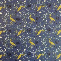 Tissu coton enduit bleu motif paons mystiques jaunes
