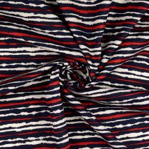 Tissu popeline coton rayures irrégulières bleu marine et rouge