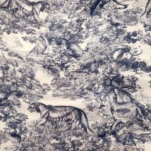 Tissu satin de soie bleu imprimé jungle esprit toile de jouy - Origine Italie - Mondial Tissus
