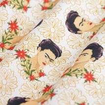 Tissu cretonne Frida Khalo fleurs blanc