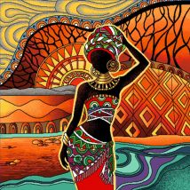 Carré de tissu jacquard belle africaine sur fond orange 45 x 45 cm - Mondial Tissus