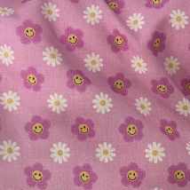 Tissu coton imprimé pâquerette et smiley rose - Mondial Tissus