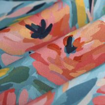 Tissu bachette peinture fleurs turquoise - MT - Mondial Tissus