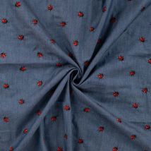 Tissu chambray brodé coccinelle bleu - Mondial Tissus