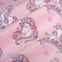 Tissu cretonne licorne arc-en-ciel rose - MT - Mondial Tissus