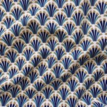 Tissu demi-natté coton bleu motif arabesque art déco multico
