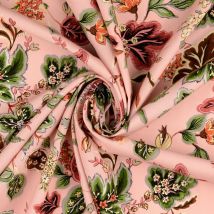 Tissu popeline viscose stretch motif jolies fleurs indiennes vieux rose
