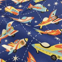 Tissu cretonne imprimé fusées rocket espace bleu marine - Mondial Tissus