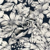 Tissu crêpe polyester lourd elasthanne fleur trait écru marine - Mondial Tissus