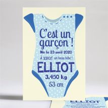 Faire-part naissance Petit body garçon personnalisable - 14,5 x 21 cm - Monfairepart