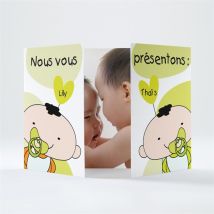 Faire-part naissance Nos 2 jumeaux personnalisable - 14,5 x 10,5 cm fermé - Monfairepart