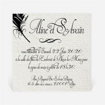 Carton d'invitation mariage Plume noire personnalisable - 9,5 x 9,5 cm - Monfairepart