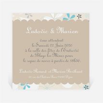 Carton d'invitation mariage Petits flocons bleu et beige personnalisable - 9,5 x 9,5 cm - Monfairepart
