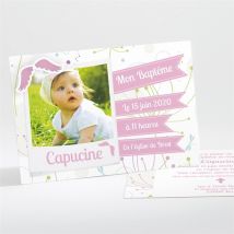 Faire-part de baptême fanions roses en fête personnalisable - 13,8 x 9,5 cm - Monfairepart