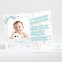 Faire-part de baptême Rubans verts en fête personnalisable - 13,8 x 9,5 cm - Monfairepart