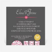 Carton d'invitation mariage Rose et Noir personnalisable - 9,5 x 9,5 cm - Monfairepart