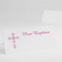 Marque-place baptême Médaillon photo elle personnalisable - Couleur Rose - 9,5 x 4,2 cm - Monfairepart