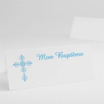 Marque-place baptême Médaillon photo lui personnalisable - Couleur Bleu - 9,5 x 4,2 cm - Monfairepart