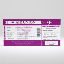 Faire-part mariage Air Union personnalisable - Couleur Violet - 21 x 10 cm - Monfairepart