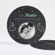 Faire-part naissance Petit Lapin rond personnalisable - Couleur Noir et Blanc/Noir/Ardoise - 13,5 cm - Monfairepart