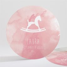 Faire-part naissance Cheval à bascule aquarelle personnalisable - Couleur Rose - 13,5 cm - Monfairepart