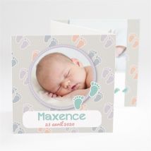 Faire-part naissance Petits pieds sur fond gris personnalisable - 10 x 10 cm - Monfairepart