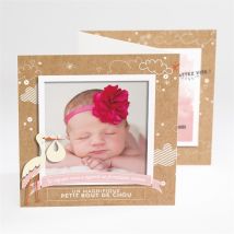 Faire-part naissance La Cigogne en kraft fille personnalisable - Couleur Marron/Kraft - 10 x 10 cm - Monfairepart