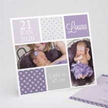 Faire-part naissance Photos et imprimés féminins personnalisable - Couleur Violet - 15 x 14 cm - Monfairepart