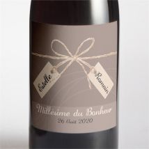 Etiquette de bouteille mariage le Duo personnalisable - Couleur Marron - 9,5 x 9,5 cm - Monfairepart