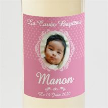 Etiquette de bouteille baptême Médaillon photo elle personnalisable - Couleur Rose - 9,5 x 9,5 cm - Monfairepart