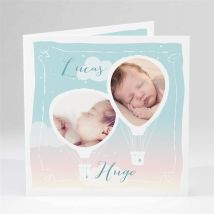 Faire-part naissance Nos jumeaux en Mongolfière personnalisable - Couleur Bleu et Multicolore - 13,5 x 13,5 cm - Monfairepart