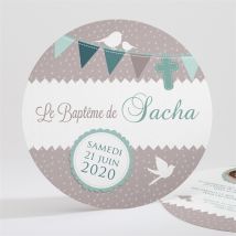Faire-part de baptême Colombe et banderoles personnalisable - Couleur Bleu et Gris - 13,5 cm - Monfairepart