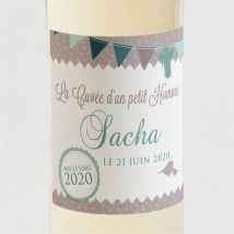 Etiquette de bouteille baptême Colombe et banderoles personnalisable - Couleur Vert, Blanc et Gris - 9,5 x 9,5 cm - Monfairepart