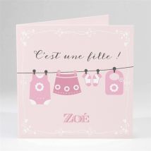 Faire-part naissance Fil à linge fille personnalisable - 13,5 x 13,5 cm - Monfairepart
