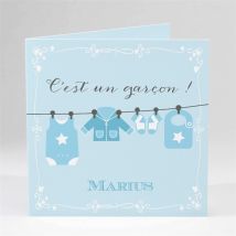 Faire-part naissance Fil à linge garçon personnalisable - 13,5 x 13,5 cm - Monfairepart