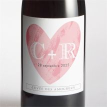 Etiquette de bouteille mariage Coeur et initiales personnalisable - Couleur Rose et Blanc - 9,5 x 9,5 cm - Monfairepart