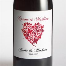 Etiquette de bouteille mariage Papillons en coeur personnalisable - Couleur Rouge et Blanc - 9,5 x 9,5 cm - Monfairepart