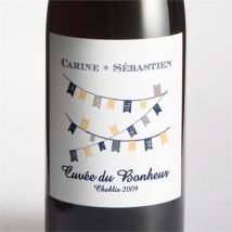 Etiquette de bouteille mariage Avec fanions personnalisable - Couleur Blanc - 9,5 x 9,5 cm - Monfairepart