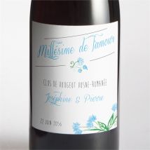 Etiquette de bouteille mariage Fleurs bleues et vertes personnalisable - Couleur Bleu - 9,5 x 9,5 cm - Monfairepart