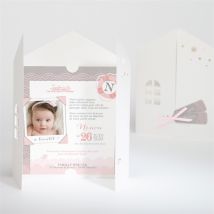 Faire-part de baptême Forme originale personnalisable - Couleur Rose et Gris - 14 x 14 cm - Monfairepart
