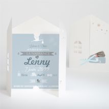 Faire-part naissance Faire part Maison et Cigogne personnalisable - Couleur Bleu - 14 x 14 cm - Monfairepart